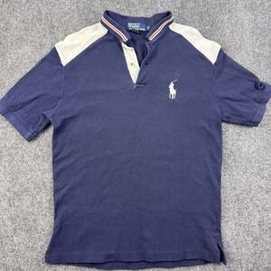 Polo Ralph Lauren Big Pony Polo Shirt Mens Medium Navy Blue White Terry Shoulder